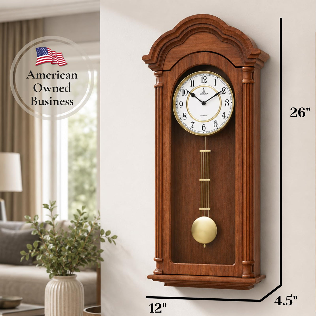 Grandfather Wall Clock with Pendulum — Large Hanging Wooden Battery Operated Non-Chiming Clock 26 x 12 inch - Quiet, Solid Wood Clock for Living Room, Entryway & Home Décor