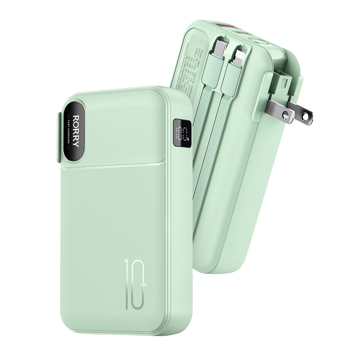 RORRY Portable Charger Built in Cables, AC Wall Plug In Portable Charger Power Bank 10000mAh Travel Battery Pack 22.5W Fast Charging for iPhone 17/16/15 Samsung Galaxy S25/S24/S23 Pixel LG iPad, Green