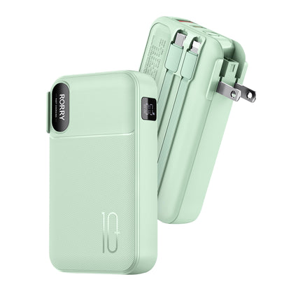 RORRY Portable Charger Built in Cables, AC Wall Plug In Portable Charger Power Bank 10000mAh Travel Battery Pack 22.5W Fast Charging for iPhone 17/16/15 Samsung Galaxy S25/S24/S23 Pixel LG iPad, Green