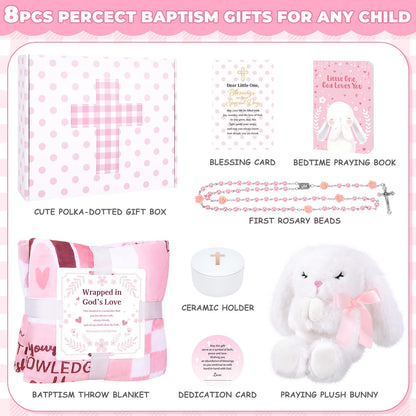 Baptism Gifts for Girl, Christening Gift Set for Baby Girls, Baby Dedication Gift, Includes Bunny Stuffed Animal, First Rosary Beads, Prayer Book, Keepsake Blanket, Catholic Baptism Gift Basket