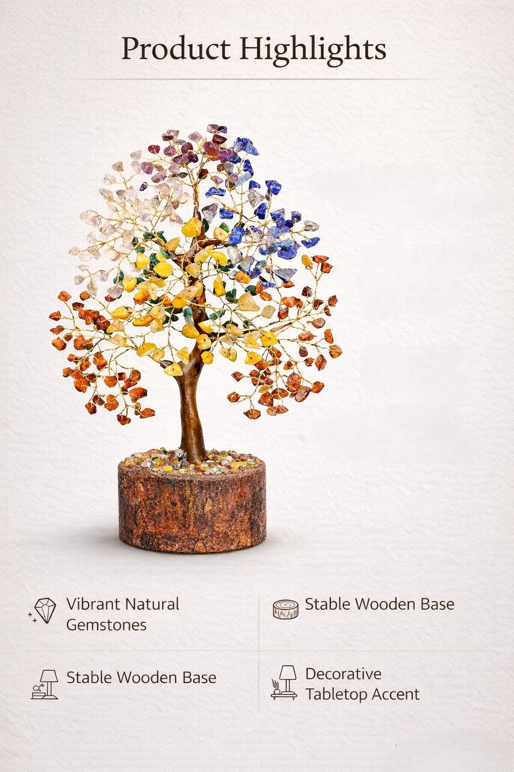 Rajasthali 7 Chakra Crystal Tree for Home Decor | Handcrafted Gemstone Bonsai Tree for Positive Energy, Vastu & Gifting | Wooden Base (Multi Seven Chakra)