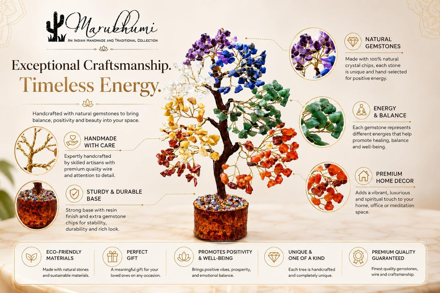 Marubhumi 7 Chakra Healing Crystal Tree Kit – Handmade Gemstone Bonsai Tree for Home Decor, Positive Energy, Feng Shui Good Luck, Money Prosperity Spiritual Gift Set for Women Mom Birthday Meditation