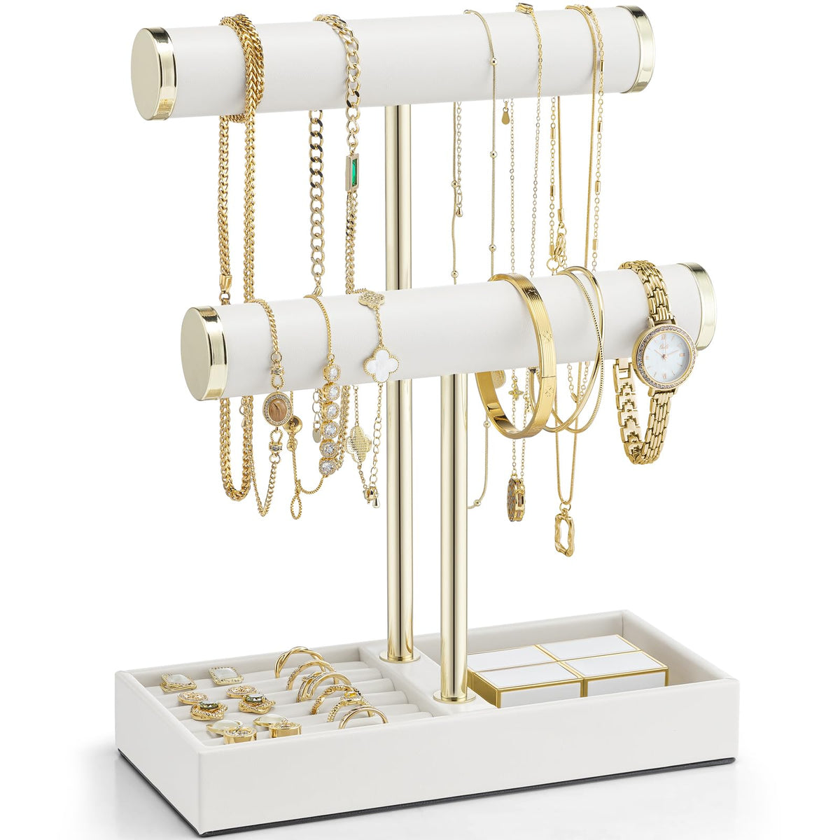 VLANDO 2 Tier Bracelet Holder with Tray - Leather Jewelry Stand Organizer for Women - Necklace Holder Display for Necklace, Watches, Rings, Earrings, Bangle, Scrunchie - White