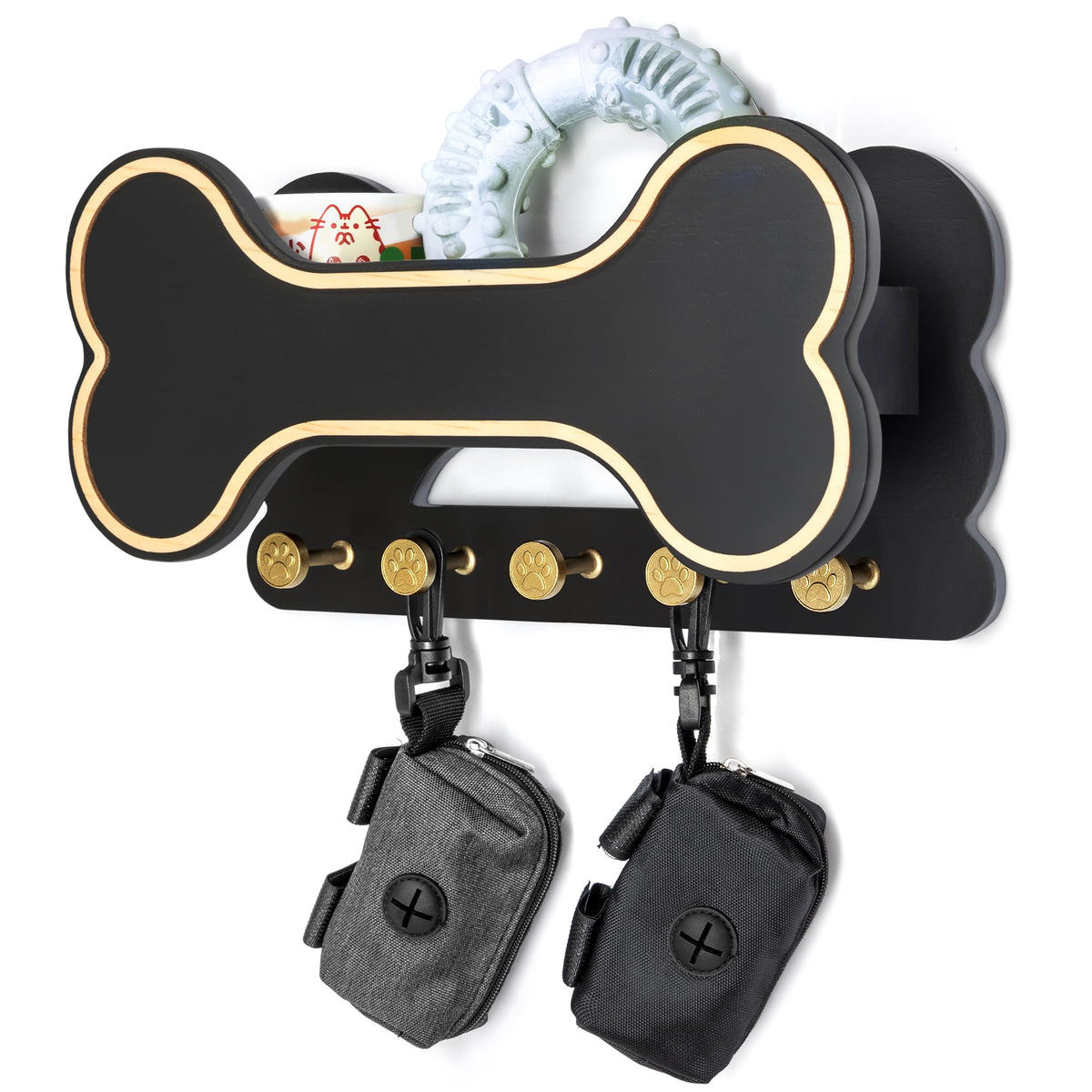 MTERSN Decorative Dog Leash Holder for Wall - Dog Stuff Organizer and Doggie Bone Key Holder Wall Mount with 5 Cute 3D Puppy Paw Hooks & Storage Shelf - Apartment Essentials (Black)