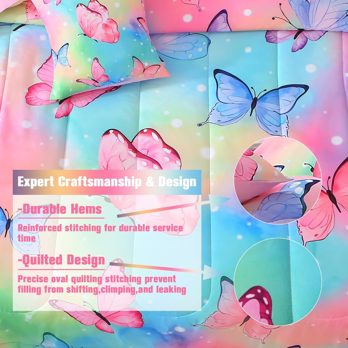 JQinHome 6 Pc Twin Rainbow Butterfly Comforter Set - 3D Butterfly Design Butterflies Bedding with Sheet Sets Bed in A Bag for Girls Kids Teens (Rainbow)