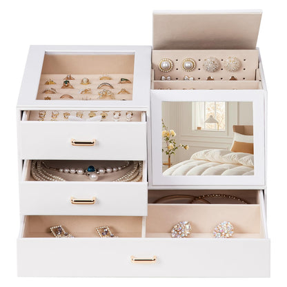 Homde Women Mirror Jewelry Box: Organizer Case with Clear Lid for Ring Necklace Earring - Gift for Young Women (White)