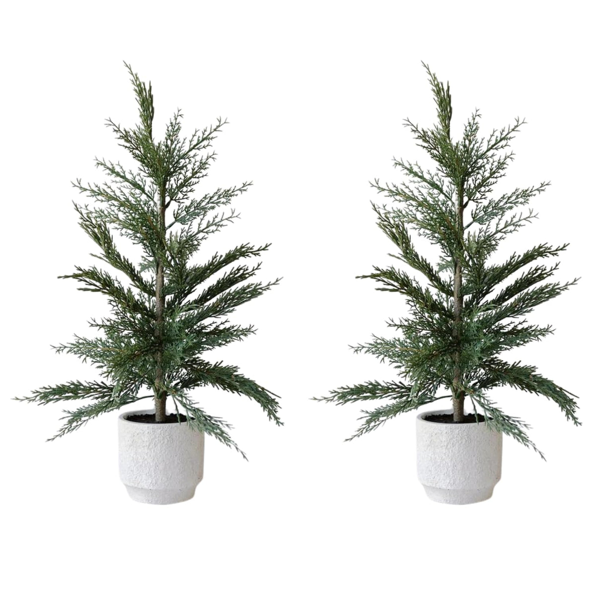 CG Hunter Holiday Collection, Set-of-2 Faux Evergreen Cedar Trees, Premium Artificial Indoor & Outdoor Cedar Tree Stands 24" Tall in Creme Pot–Perfect Christmas Decoration