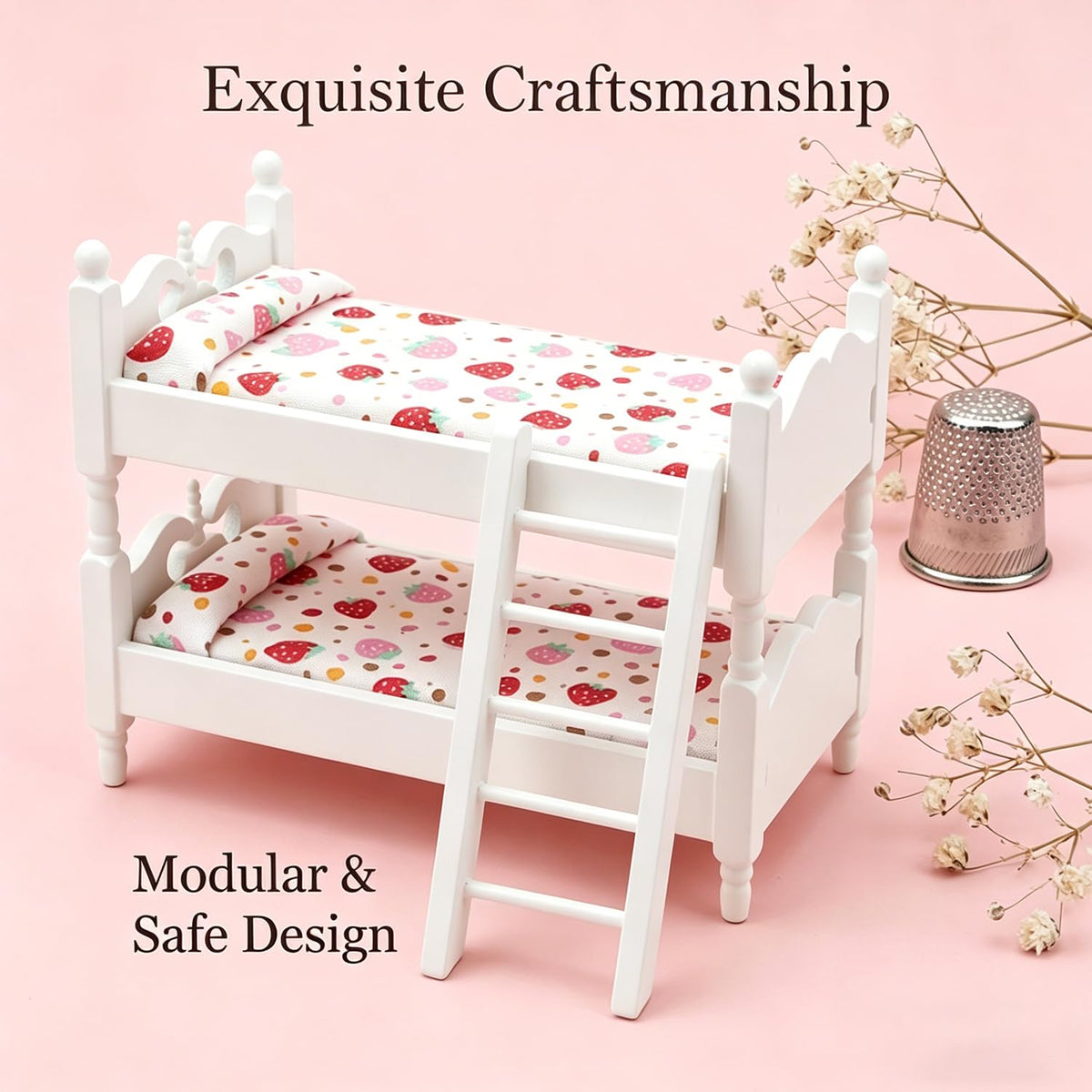 Z MAYABBO Wooden Dollhouse Furniture of Baby bunk Bed with Ladder for Miniature Dollhouse Accessories - 1/12 Scale