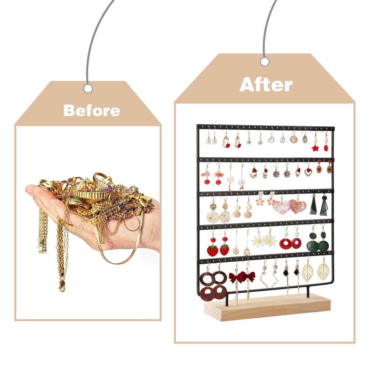 RUINENGDA Jewelry Organizer, 5 Tiers Earring Organizer with 120 Holes for Storing and Displaying Earrings of Various Styles, Models and Sizes, Removable Wooden Base for Home and Store Use