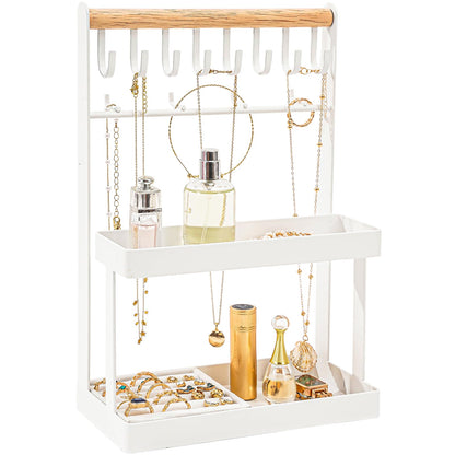 Lolalet 4-Tier Jewelry Organizer Stand with 12 Hooks, Necklace Bracelet Ring & Sunglasses Holder, Cute Metal Jewelry Storage Rack for Vanity, Dresser or Entryway, No Assembly -White