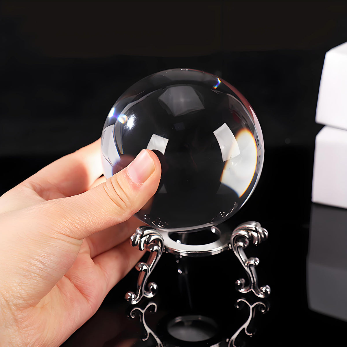 vskikris 2 Crystal Balls with Silver Stands - 3D Laser Engraved Wolf & Moon & Clear Crystal Sphere Set, Decorative Paperweights, Home & Party Decor, Photography Props, for Men & Nature Lovers