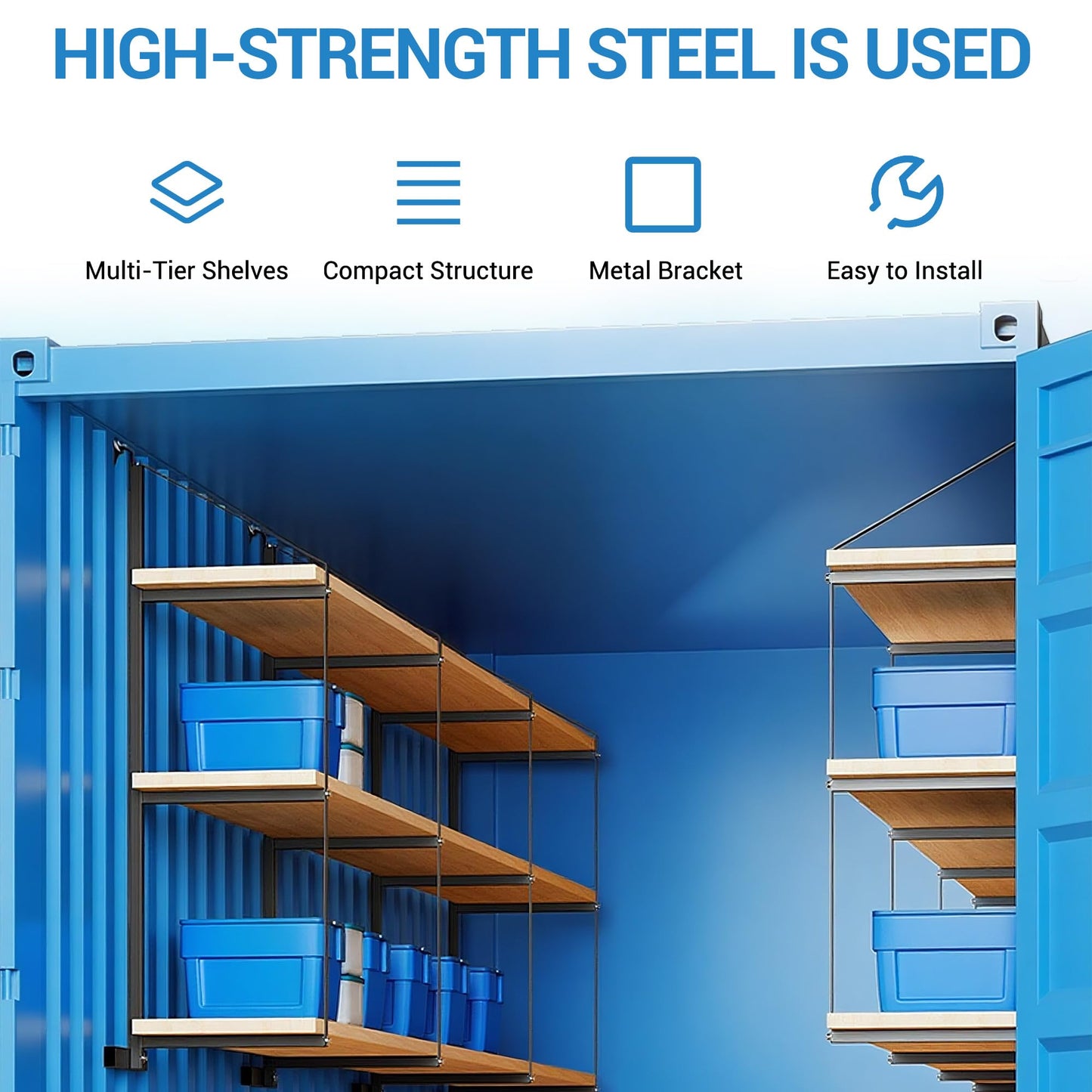 6 Pack Shipping Container Shelving Bracket, 3-Tier Black Power Coated Steel Brackets, 22"x60", 1100LBS Hanging Type Cargo Containers Storage Rack for Heavy Tools/Equipment