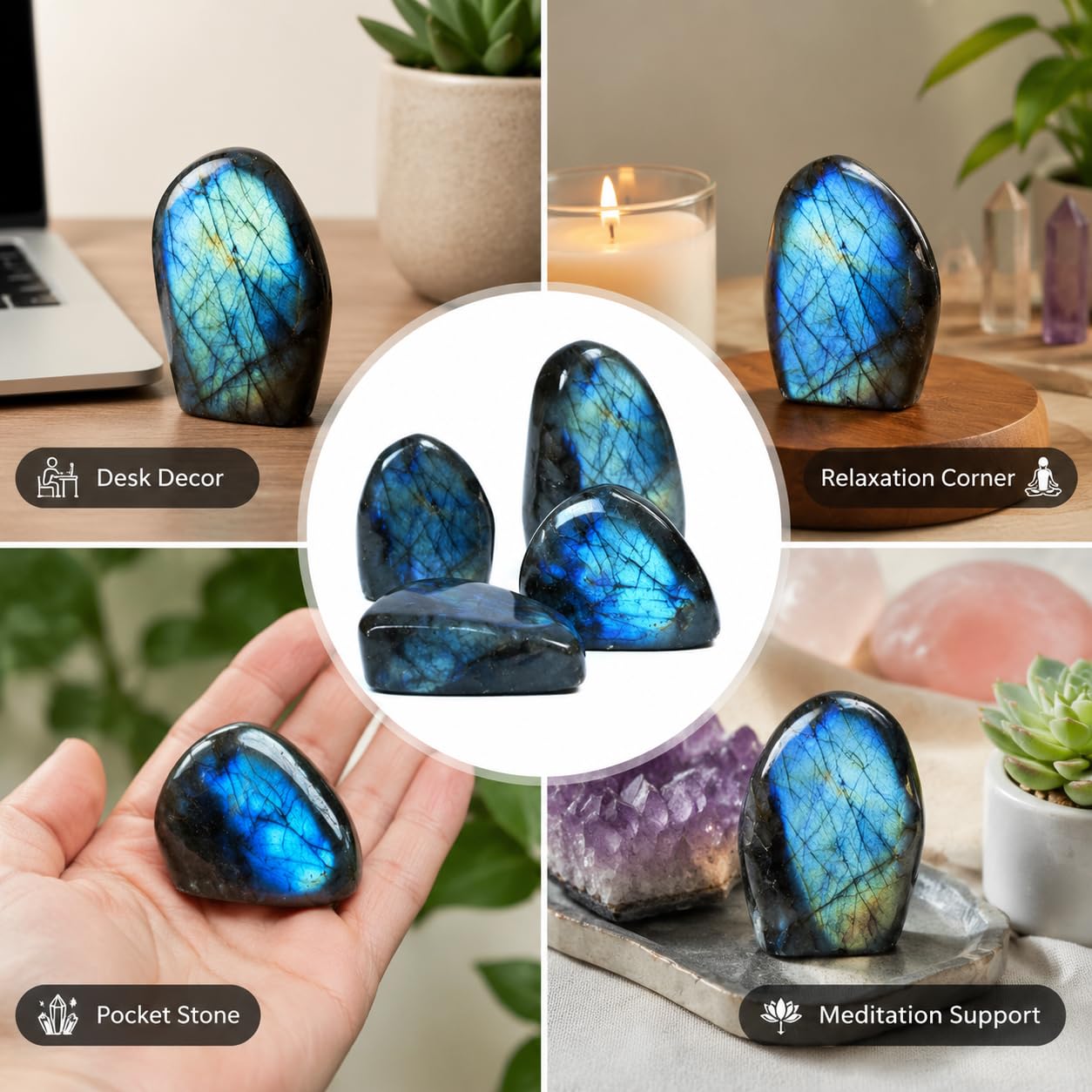 Wemeki Natural Labradorite Stone, Polished Blue Labradorite Crystal Stone, Healing Crystal Labradorite Gemstone for Home Decor, Meditation, Crystal Collection (0.6-0.9 LB)