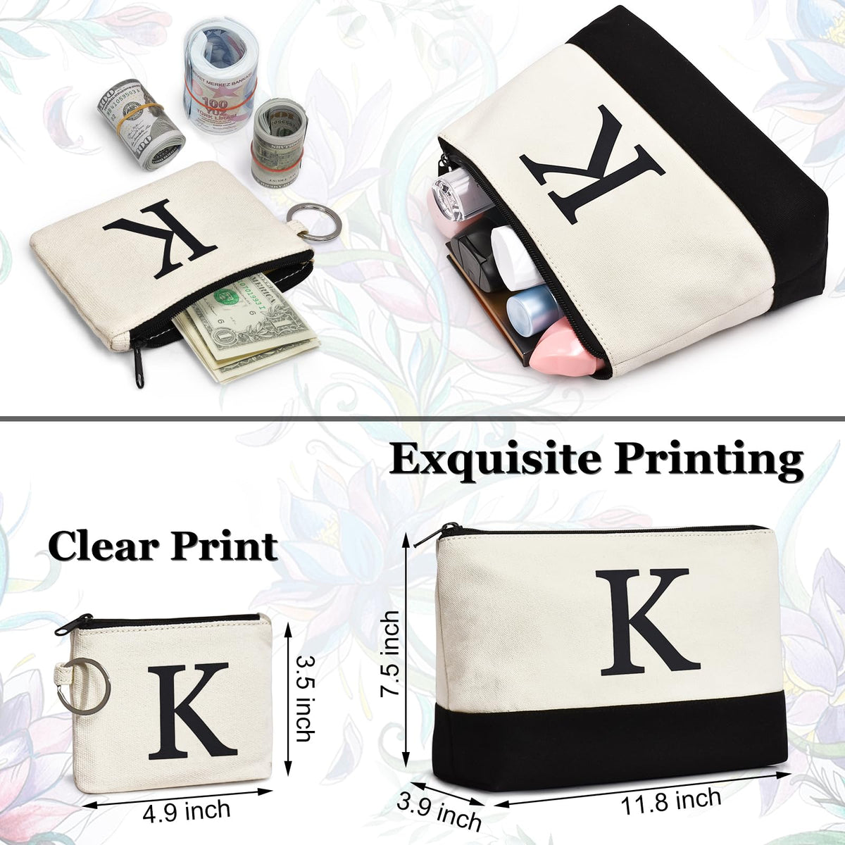 GASSDA Initial Canvas Tote Bag, Birthday Gifts For Women, Monogram Personalized Gifts For Women Mom Teachers Bridesmaids (K 3PCS)