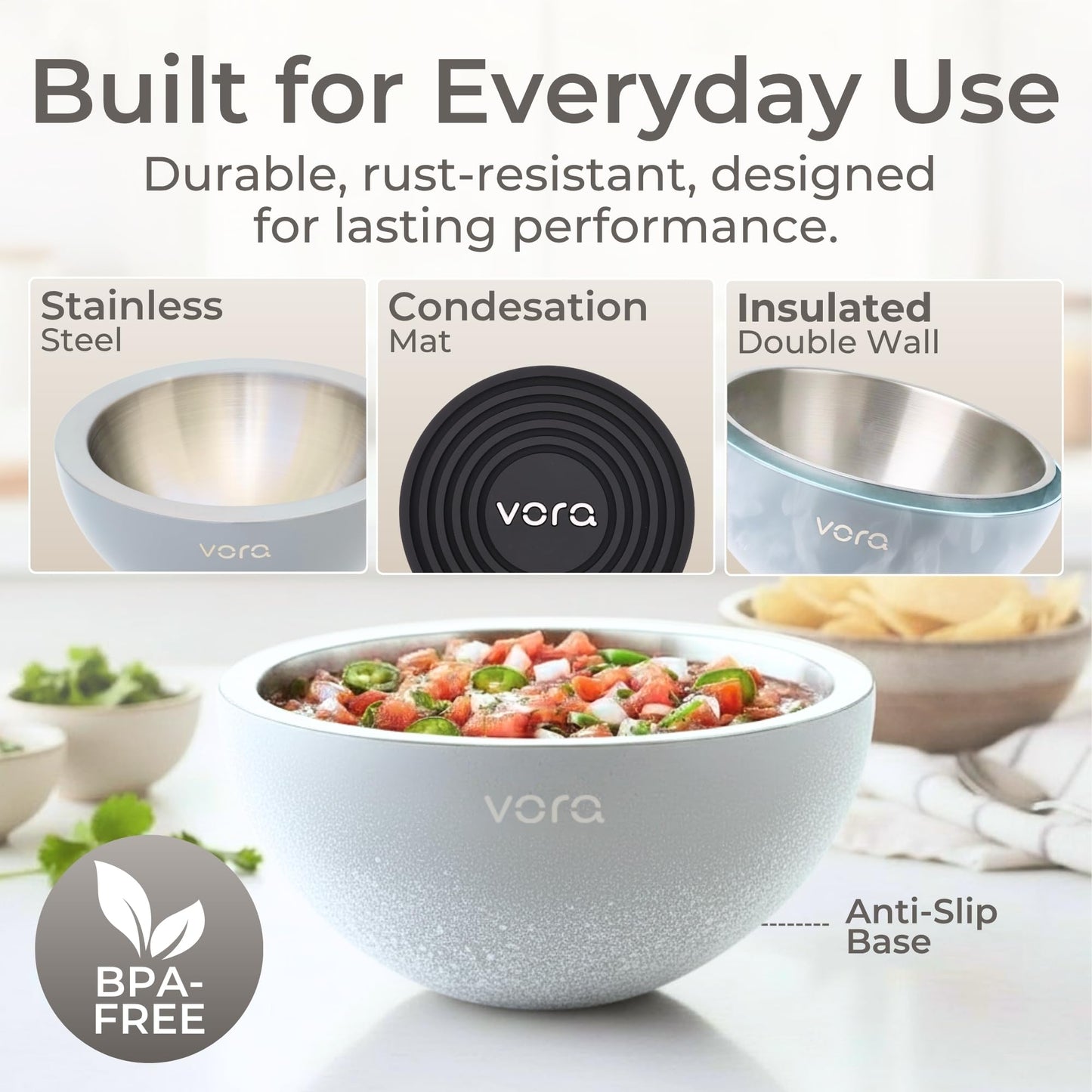 Vora 18oz Dip Chiller Bowl | Iced Grey Stainless Steel Chilled Dip Bowl for Dips, Guacamole, Hummus, Salsa | Insulated Serving Dishes with Easiest Water Fill & Refillable Chamber