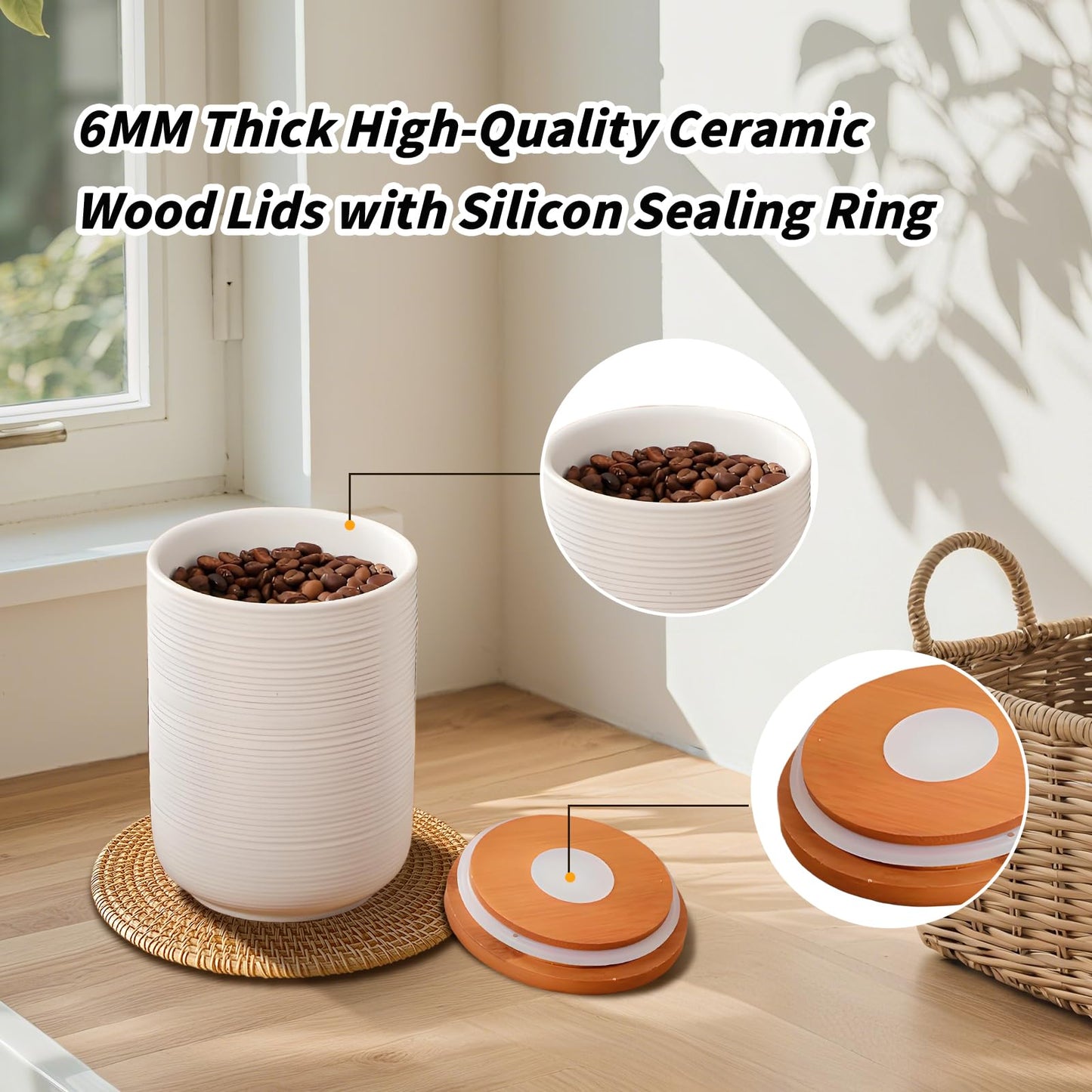 Food Storage Jar Strong Ceramic Storage Canisters with Airtight Wooden Lid,Kitchen Storage Containers for Serving Coffee Beans, Tea, Sugar, Salt, Spices (White three-piece suit)