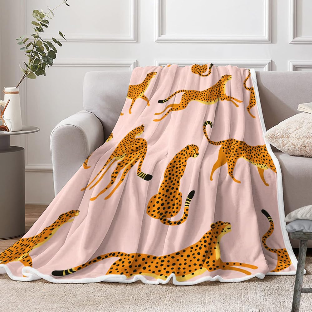 Uokiuki Boho Leopard Throw Blankets, Tropical Animal Cheetah Cozy Warm Bed Couch Blanket, Pink White Fleece Flannel Throws to Decorate the Room and Bedroom