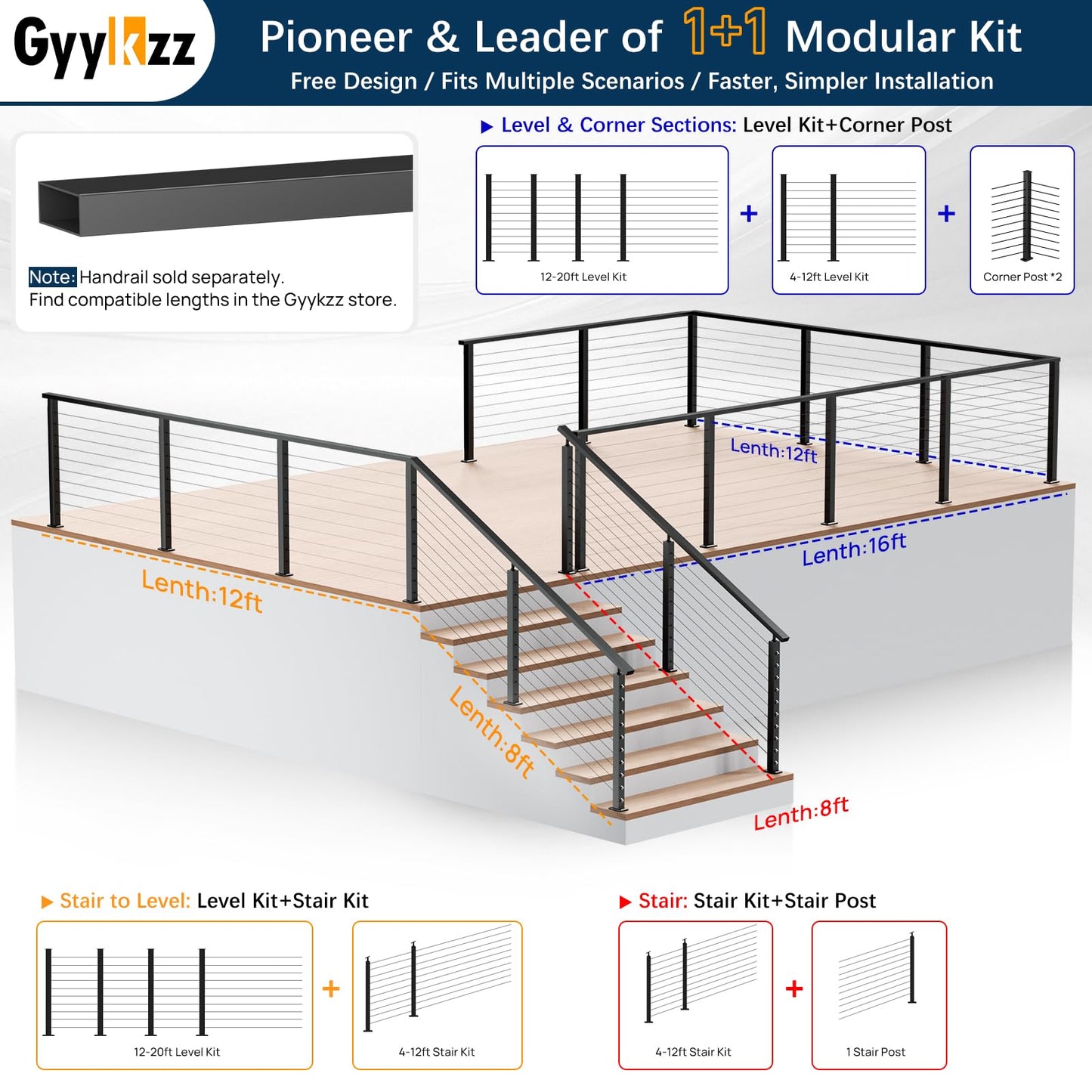 Gyykzz 36" 12–20FT Swageless Cable Railing Kit, Black Modular Railing System 4 Level Post Kit with Patented No-Crimp Terminals, Cable Length Adjustable Easy DIY for Deck, Stair, Balcony (No Handrail)