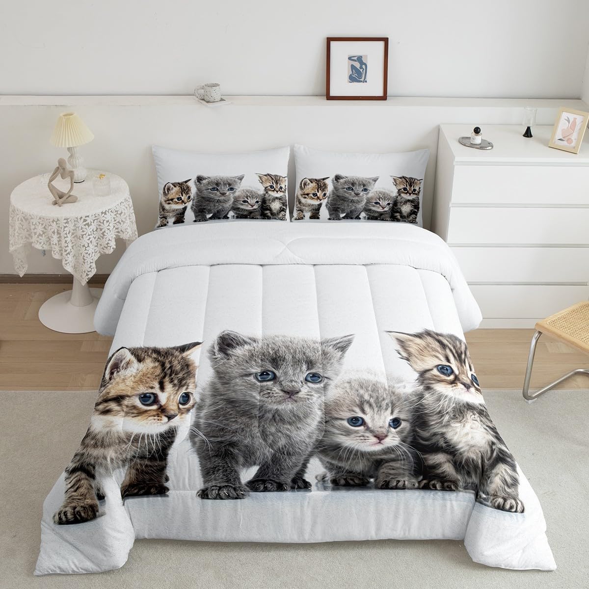 Feelyou Little Cat Bedding Set Lovely Pet Cats Comforter Cat Lover's Animal Themed Design Comforter Set for Boys Girls Kids Room Decor Cute Kitten Print Duvet Set Twin Size with 1 Pillow Case