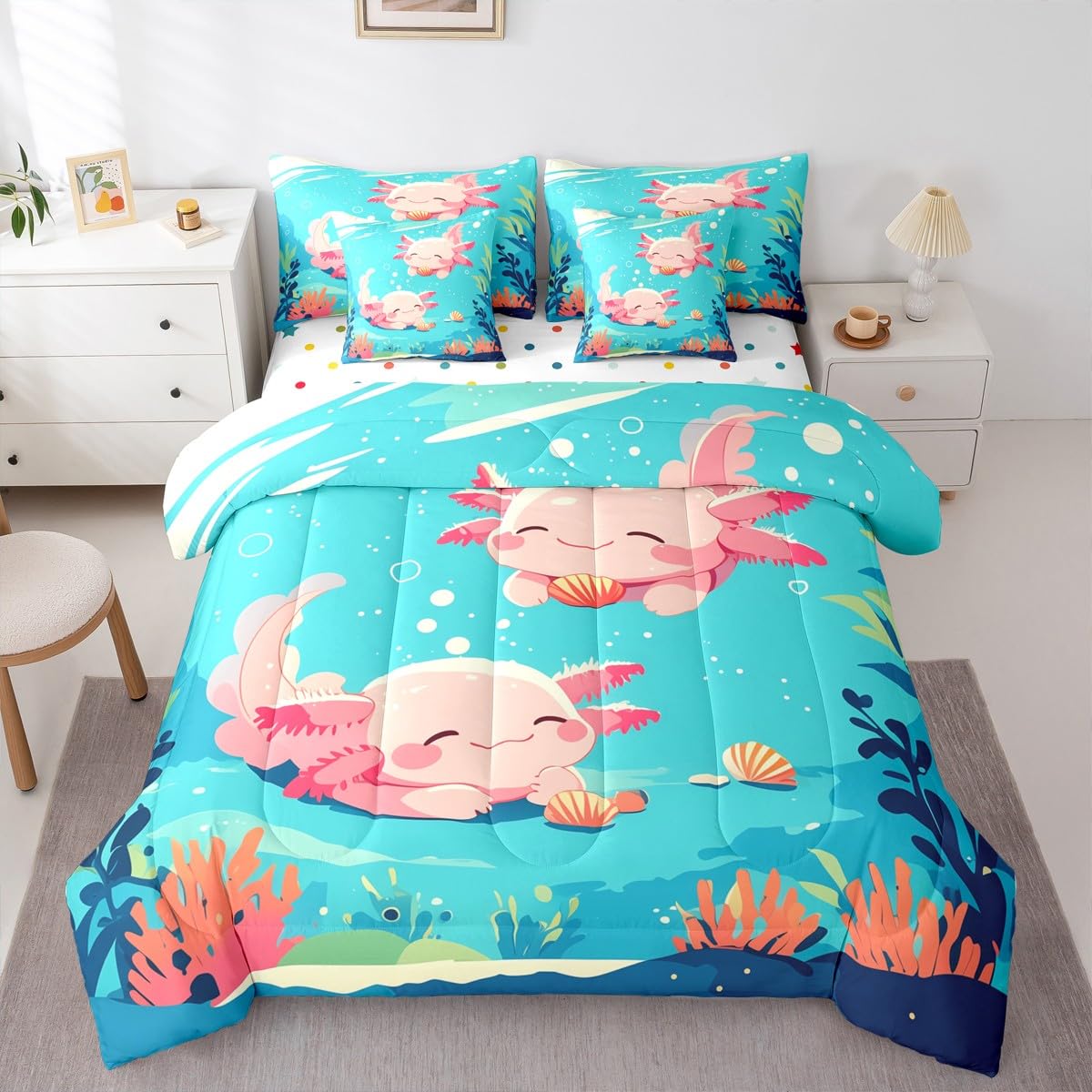 Erosebridal 7 Pieces Kawaii Pink Axolotls Bed in A Bag for Teen Girl - Queen Size Kids Blue Cartoon Ocean Sea Comforter Set with Sheets Girly Cute Animal Bedding Set Axolotls Marine Life Bed Sets