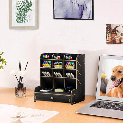 Marbrasse Wooden Desk Organizer, Multi-Functional DIY Pen Holder, Organizer for desk, Desktop Stationary, Easy Assembly, Home Office Art Supplies Storage with Drawer (B11-Black)