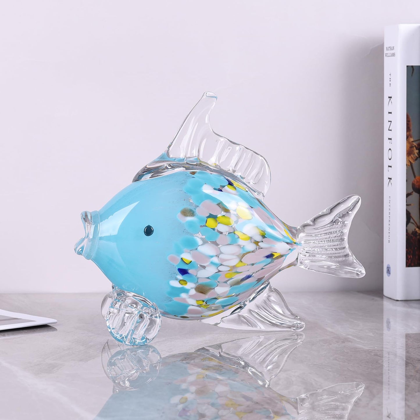 LINYTHER Large Glass Fish Figurine for Home Decor, Hand Blown Art Glass Ocean Animal Statue, Decorative Coastal and Beach Themed Sculpture for Table, Shelf, Bathroom, Living Room or Office