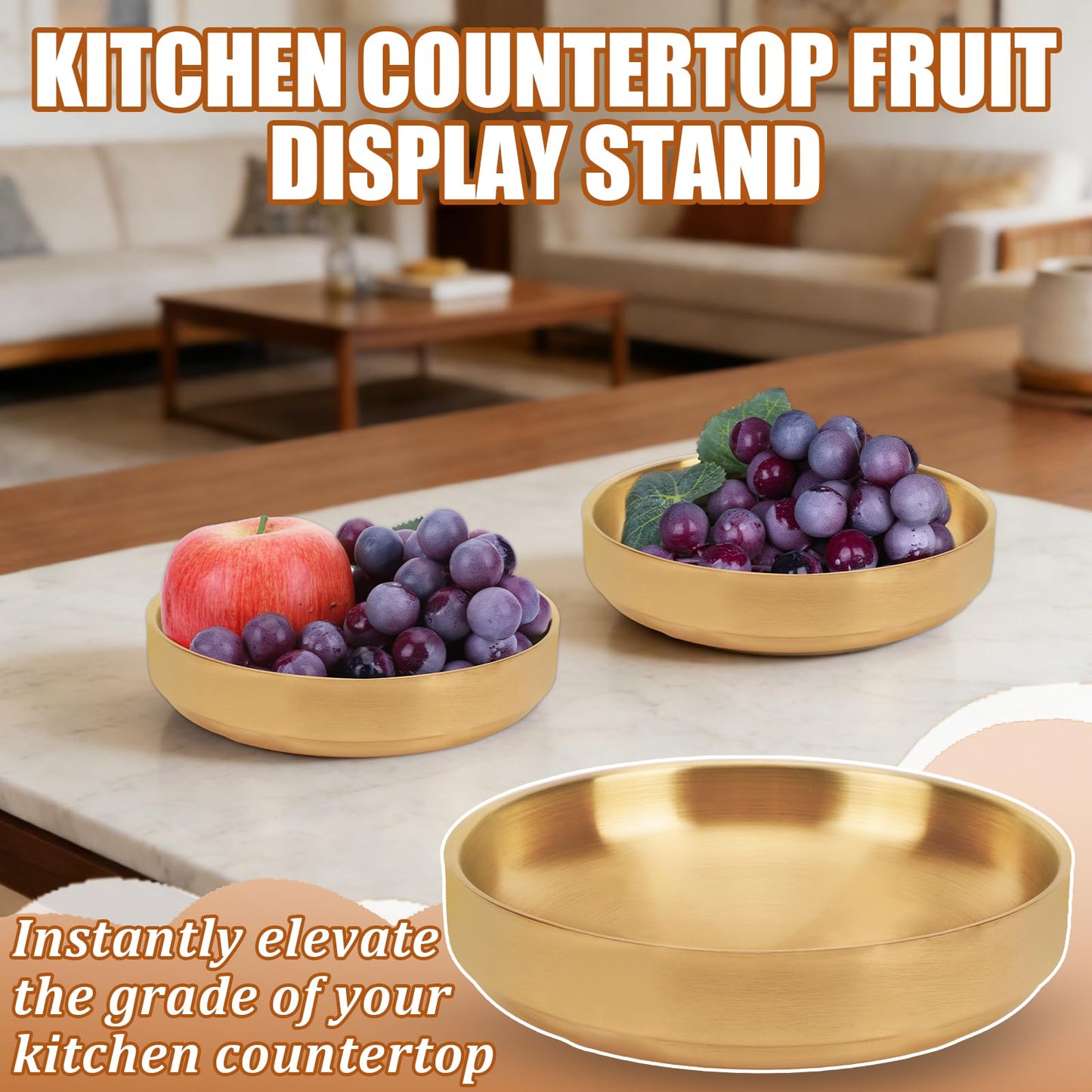 Key Bowl for Entryway-2 Pack Gold Table Decorative Key Dish for Organizing Tabletop Catch All Bowl Gold Fruit Bowls for Kitchen Counter, Coffee Table-Thick SUS 304 Stainless Steel 6.3"