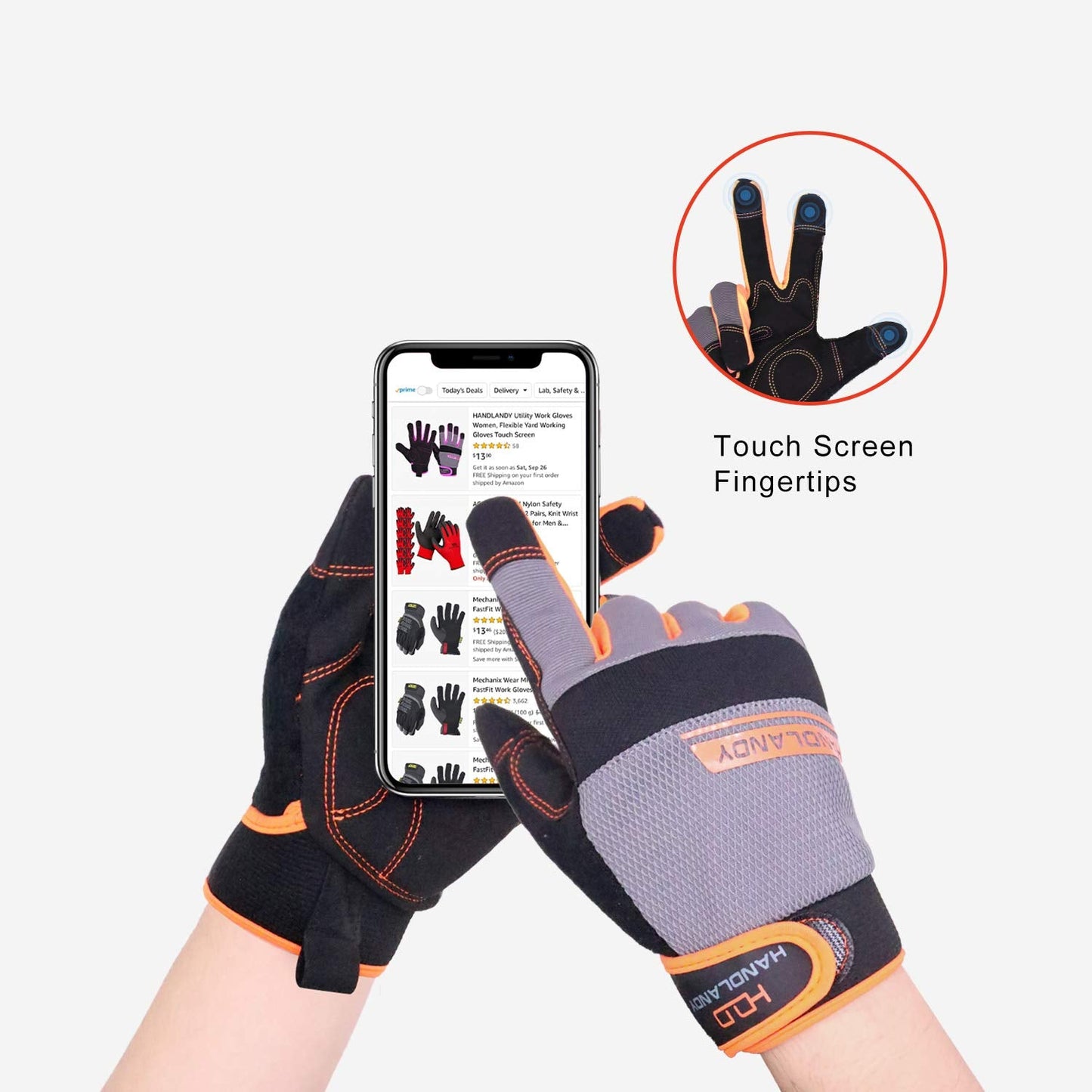 UltraLight Safety Work Gloves, Mens & Women Multi-Functional Work Gloves with Extensive Palm Protection, Mechanic Gardening Construction DIY Gloves with Touchscreen (Small, Orange/Gray)