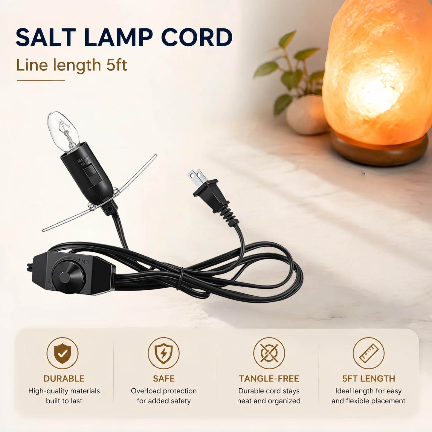 SZKEYISN Himalayan Salt Lamp Cord Replacement with Dimmer Switch, 2 Pack 5FT Salt Lamp Cord with 6 Pack 25W E12 Bulbs, Butterfly Clip for Himalayan & Crystal Salt Lamps
