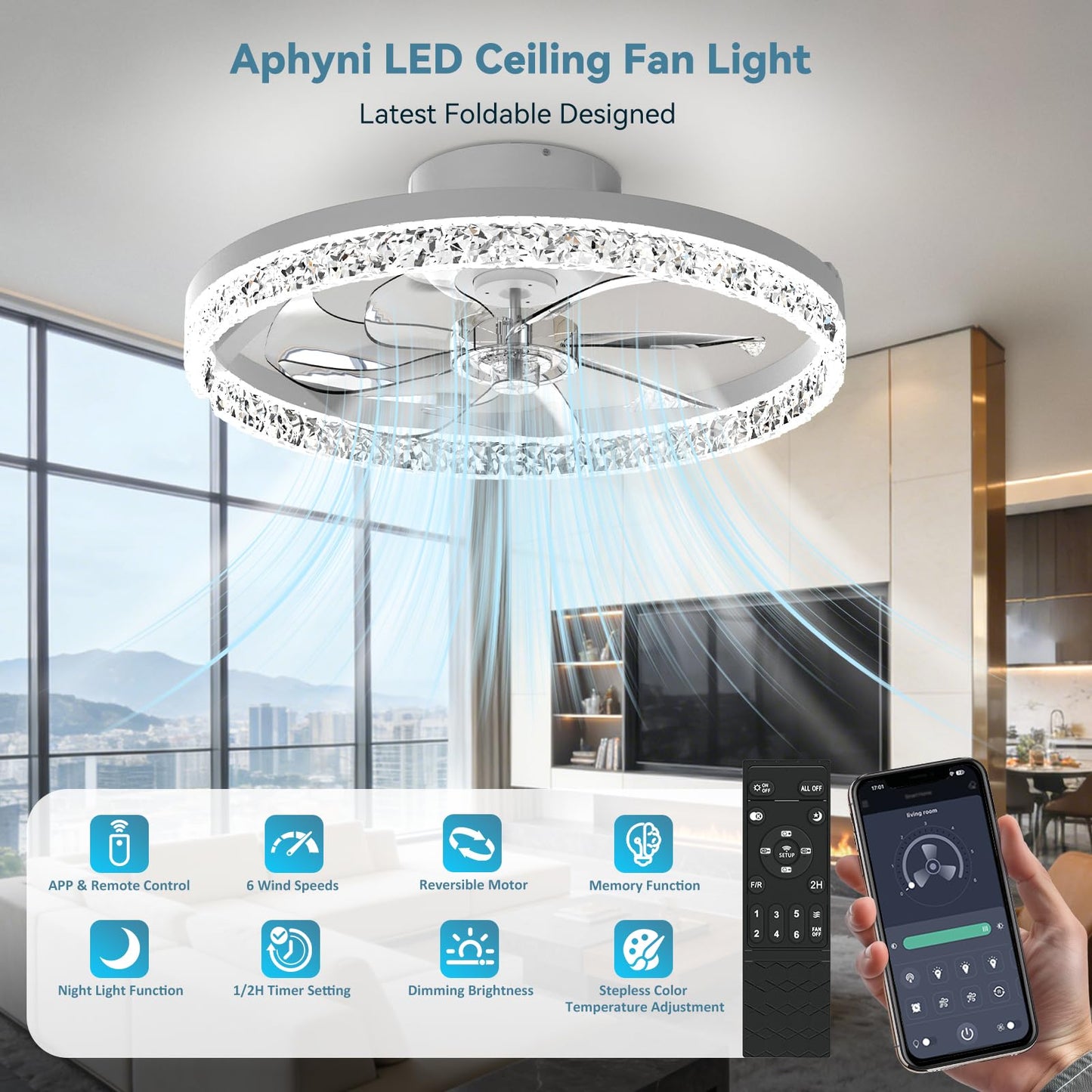 AIKVSXER Ceiling Fans with Lights and Remote, 20'' Low Profile Ceiling Fan with APP Control, 3000K-6500K Dimmable, Quiet Reversible DC, Modern Flush Mount Fandelier for Bedroom (White-Crystal)