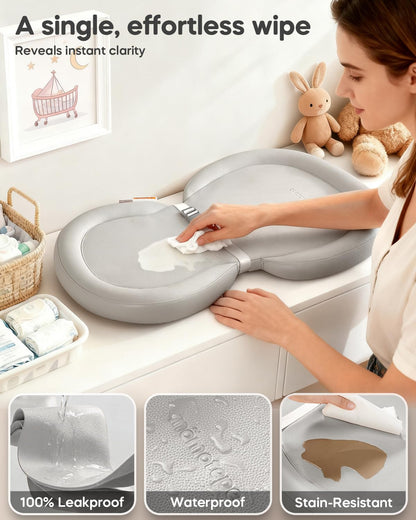 Waterproof Peanut Baby Changing Pad, Foldable Travel On-the-Go for Dresser & Changing Table, Wipe-Clean PU Diaper Pad with Non-Slip & Adjustable Safety Belt, 24"x16", Gray