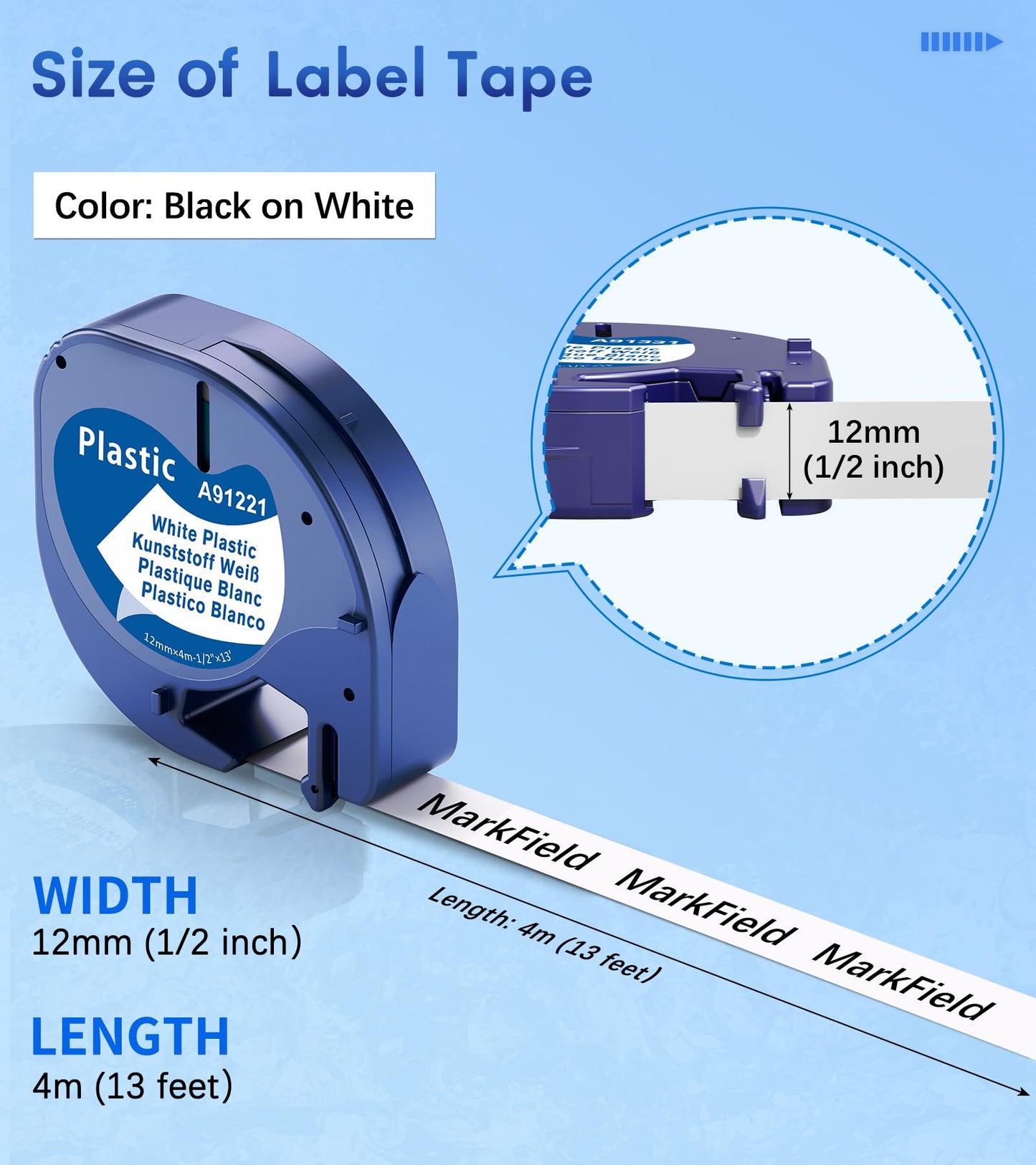 5-Pack MarkField Label Tape Replacement for Dymo Letratag Tape Plastic White 12mm x 4m S0721610, Compatible with Dymo Label Printer LT-110T LT-100H LT-100T QX50 XR XM