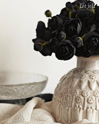 Letjolt Ranunculus Artificial Flower 18 Pcs Black Silk Ranunculus Wedding Bouquet Engagement Centerpieces Arrangements Bridal Shower Decorations Home Decor, Black