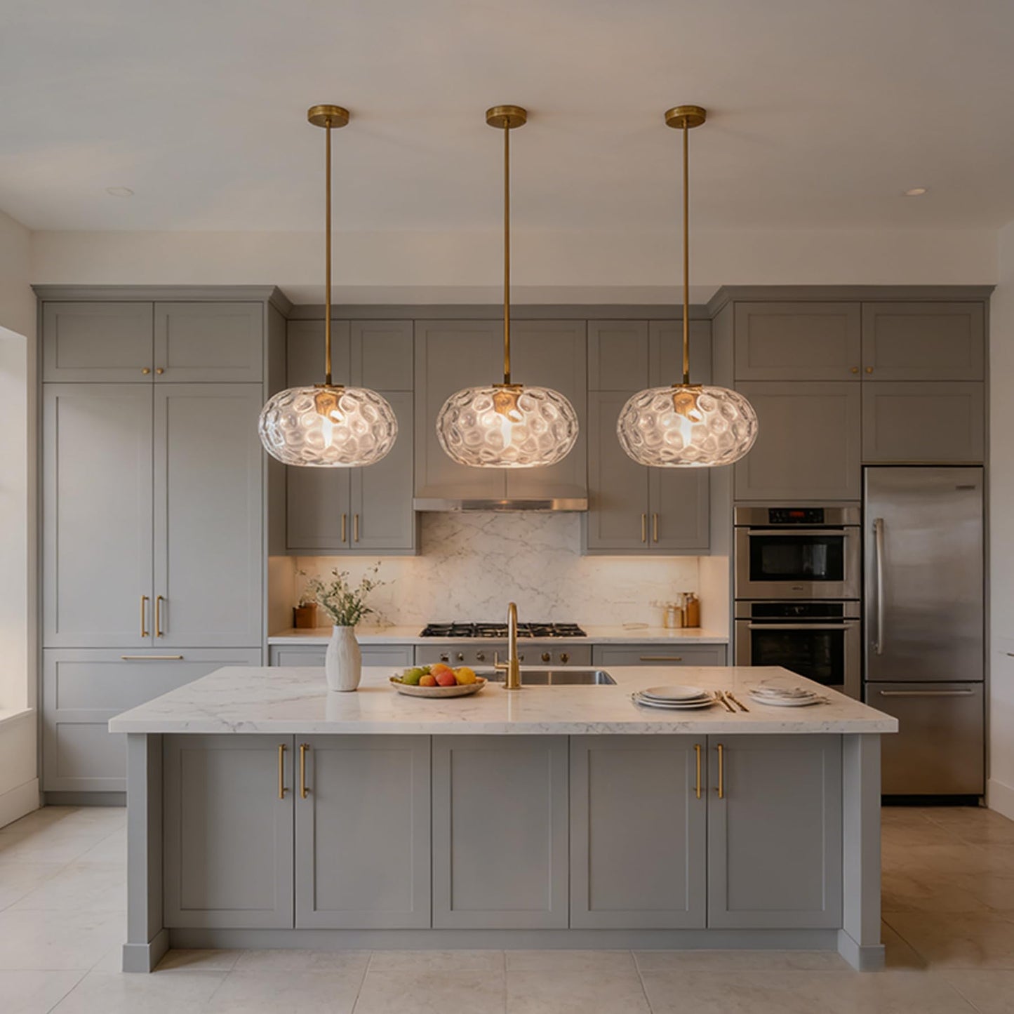 PrismGlowLume Hammered Glass Rod Pendant Light, Modern Gold Chandelier Lighting Fixture Mid-Century Brushed Brass Hanging Ceiling Lamp for Kitchen Island Dining Living, Bathroom, Hallway (Clear, 11")