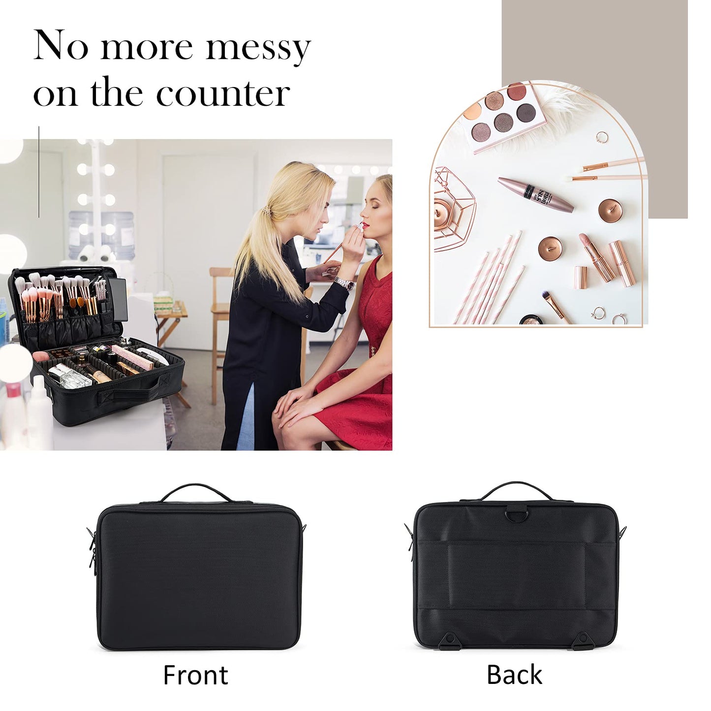 Makeup Bag Extra Large Travel Makeup Bag with Compartment Cosmetic Bags Makeup Organiser Bag Vanity Case Makeup case and Shoulder Strap, Black