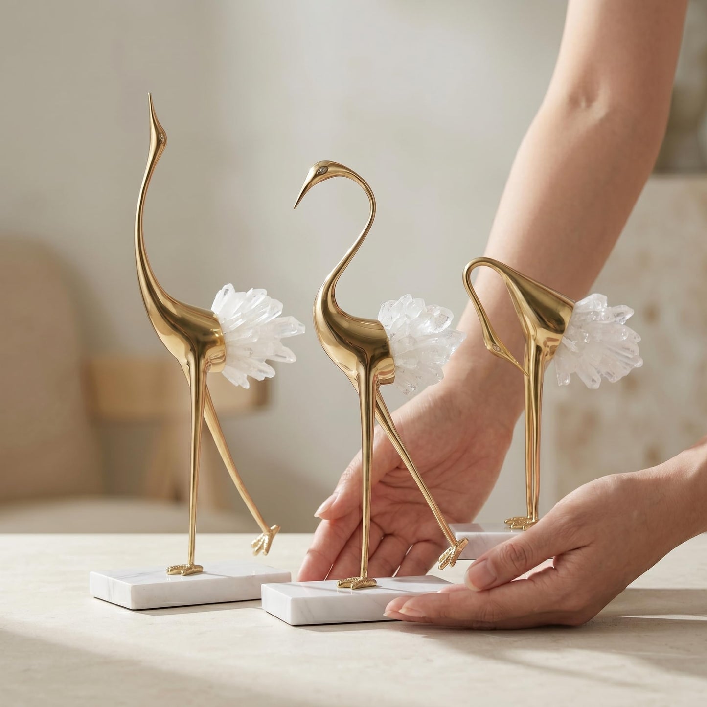 suruim Elegant Gold Crane Bird Statues with Crystal Tail Accents, Decorative Brass Figurines for Home Decor (White A)