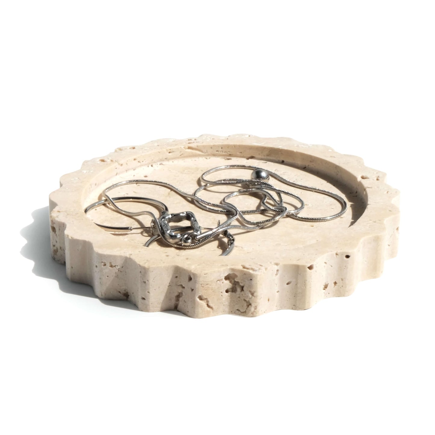 seicasaya 5.5 Inch Small Scallop Edge Tray, Hand-Carved Natural Stone Jewelry Holder, Travertine & Marble Vanity Tray for Rings, Candles, or Keys (Travertine)