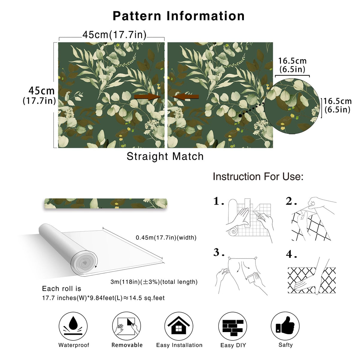 HAOKHOME Peel and Stick Wallpaper Boho Sage Green Eucalyptus Leaf Floral Wall Mural Home Nursery Decor Renter Friendly Wallpaper 17.3in x 9.8ft