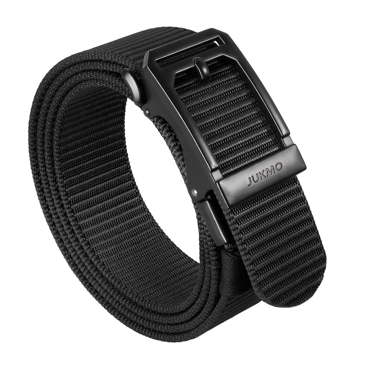 JUKMO Men's Ratchet Tactical Belt, 1.5" Nylon Web Work Belt with Automatic Slide Buckle, Adjustable Trim to Fit (Black, Large)