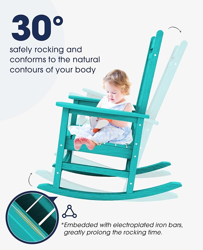 KINGYES Oversized Outdoor Rocking Chair Set of 2, All-Weather Patio Rocking Chairs for Porch, HDPE Outdoor Patio Rockers with High Back & Wide Seat for Garden, Lawn, Aruba