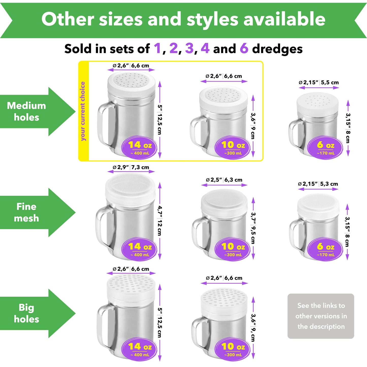 [10oz + 10oz + 14oz] Stainless Steel Dredge Shaker Bundle - by CUSINIUM