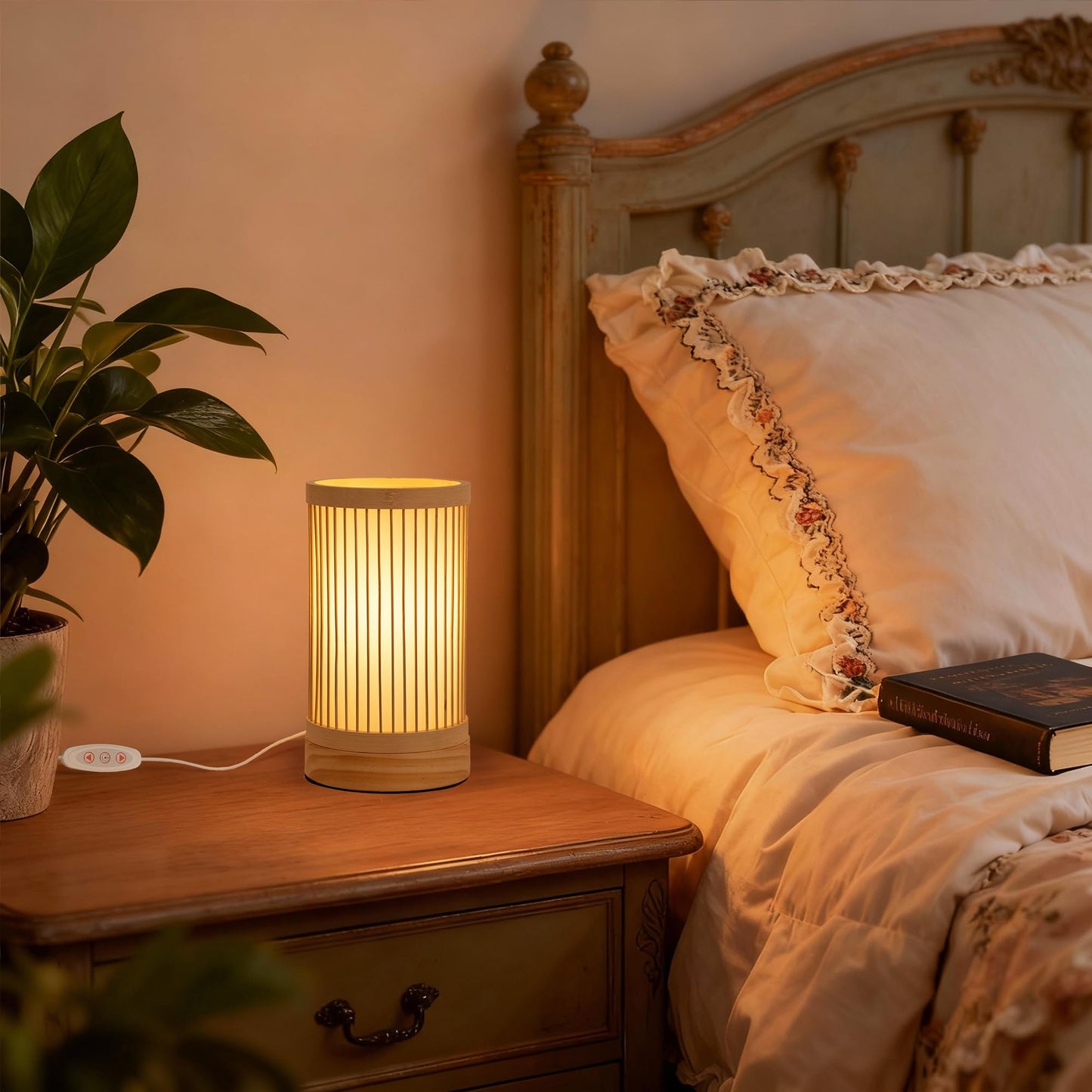 LUSHARBOR Bamboo Table Lamp, Small Boho Rattan Lamp Decorative with Dimmable Light, Woven Bedside Lamp for Bedroom, Cozy Nightstand Desk Lamps for Cafe/Entryway/Tabletop/Shelf Decor