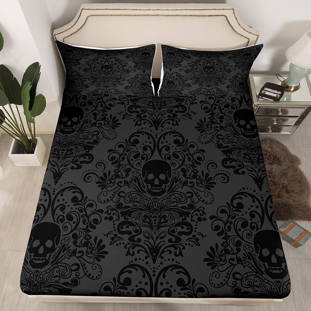 Feelyou Gothic Skull Bed Sheets Set Full Size Damask Print Bed Set for Kids Boys Girls Goth Bohemian Deep Pocket Fitted Sheet Dark Olive Green Breathable Soft Lightweight Microfiber