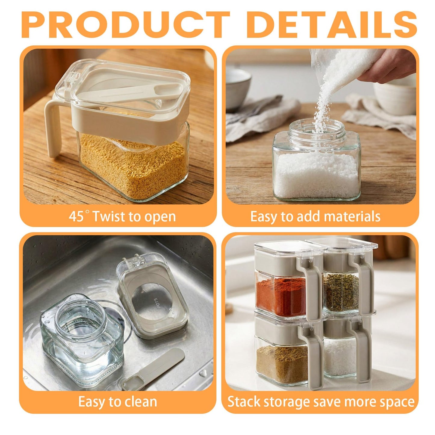 Suclain 6 Pcs Condiment Jar Spice Container 13.5oz Sugar and Salt Container Set Clear Glass Condiment Canister with Spoon Dustproof Lid and Handle for Kitchen Spice Salt Organizer(Grey)