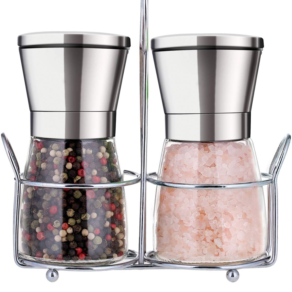 bonris Premium Salt and Pepper Grinder Set with Stand Stainless Steel Manual Spice Adjustable Coarseness with Five Grinding Level Pepper Mill Grinders Shakers Set with Silicone Funnel (Pack of 2)