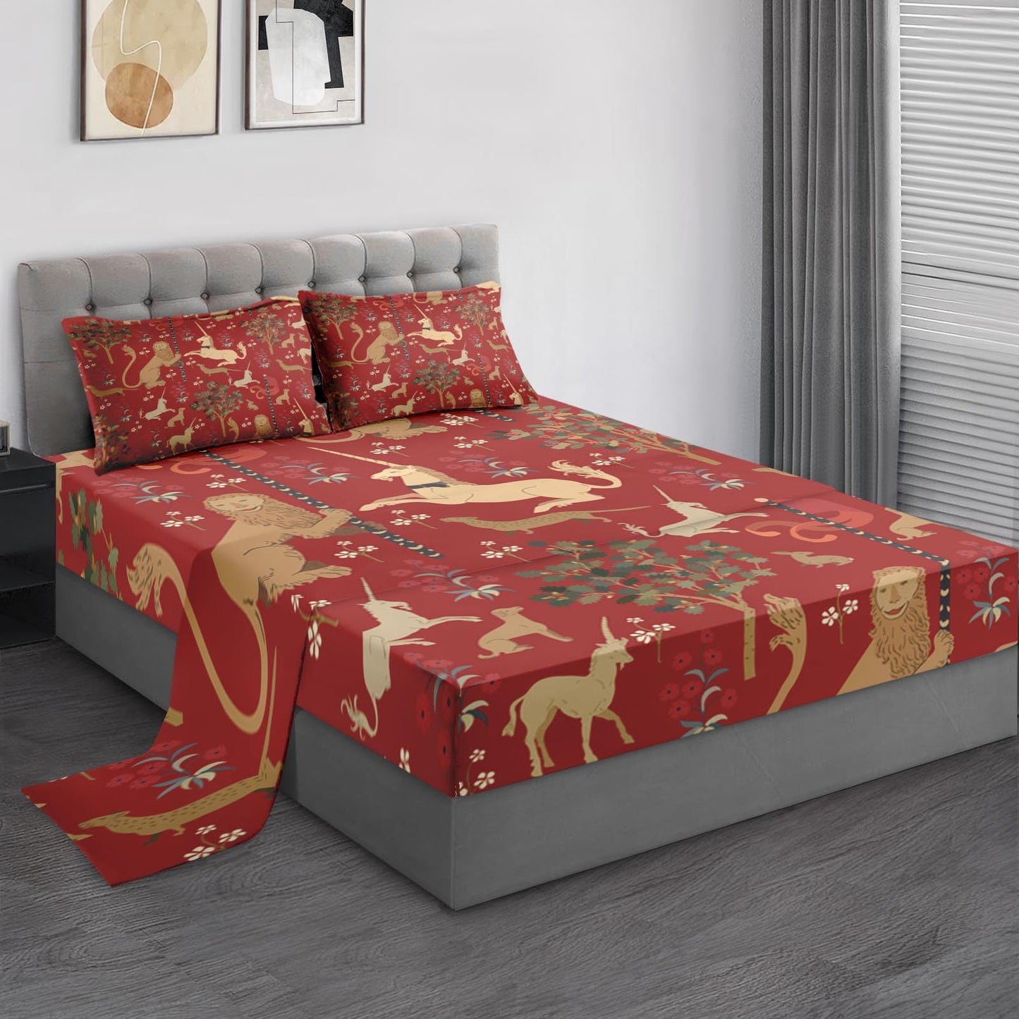 Pamnest Full Size Bed Sheet Sets, Medieval Beige Lion Soft Microfiber 4 Pcs Bedding Sets for Kids and Adults Bedroom Bed Decor, Green Tree Unicorn Retro Flat, Fitted Sheet and 2 Pillowcases