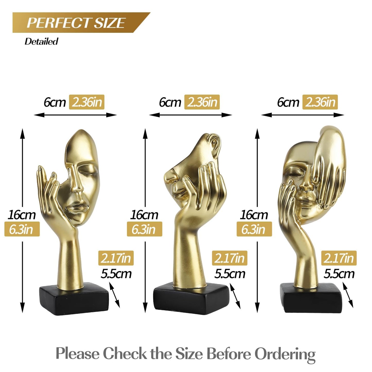 Modern Living Room Decoration - Gold Abstract Sculpture Decor For Shelves, Thinker Statues Set Of 3, Resin Face Knick Knacks Home Decor For Office Bookshelf, Shelf Side, Table, Gift For Friends