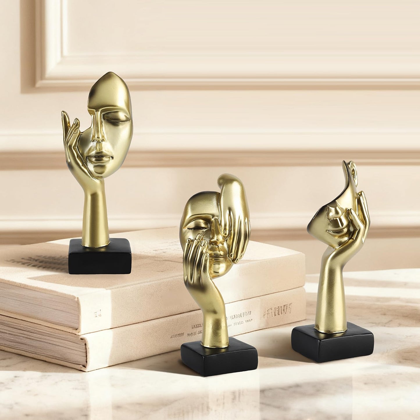 Modern Living Room Decoration - Gold Abstract Sculpture Decor For Shelves, Thinker Statues Set Of 3, Resin Face Knick Knacks Home Decor For Office Bookshelf, Shelf Side, Table, Gift For Friends