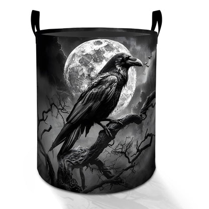 Raven Moon Laundry Basket Hamper for Boys Girls Kids Adults, Foldable Waterproof Oxford Clothes Storage Bin, Gothic Spooky Organizer for Bedroom Bathroom Room Decor 19.7"x15.8"