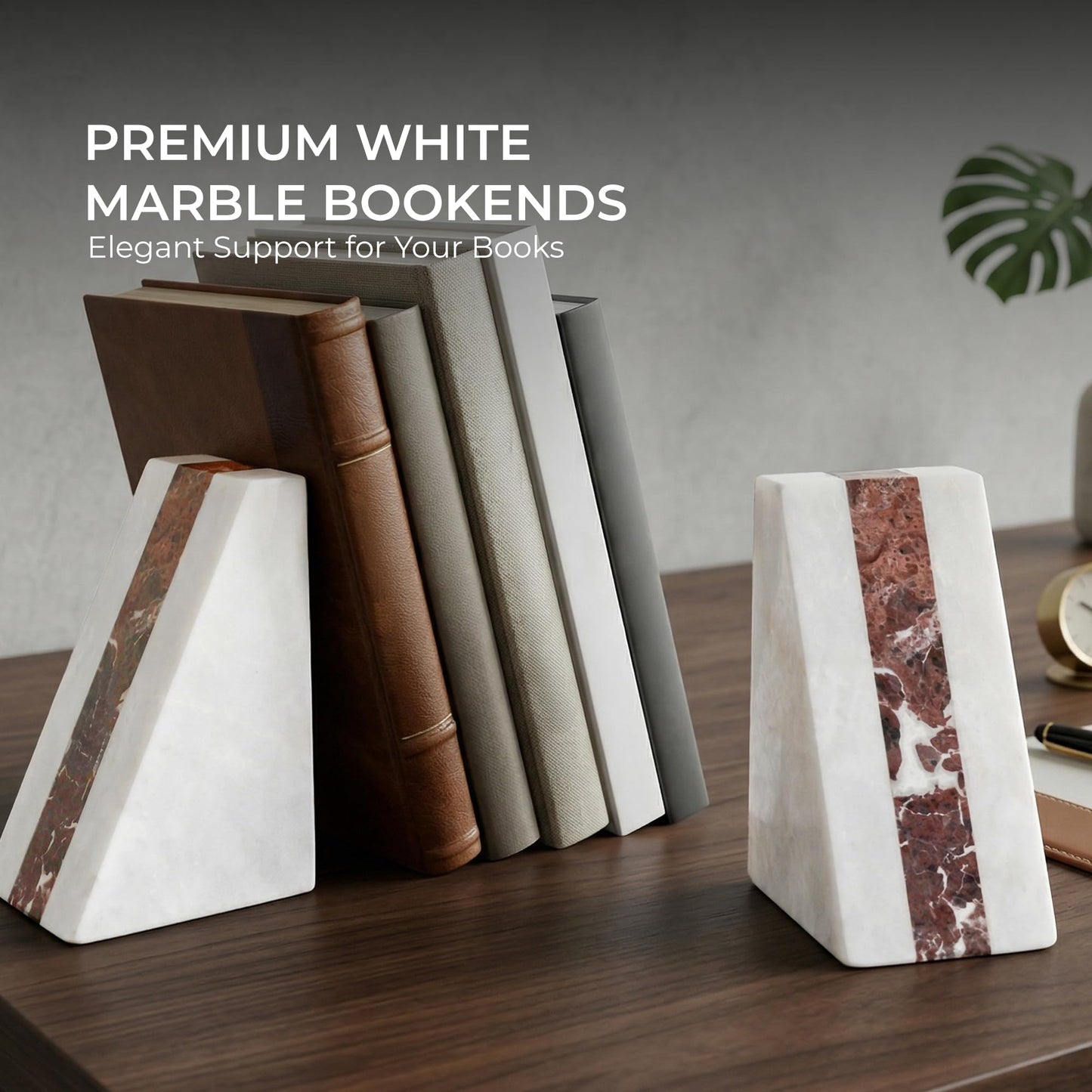 UrbanFocal White Marble Bookend 6" - Book Stoppers for Bookshelves - Modern Decorative Marble Bookends for Home and Office, White
